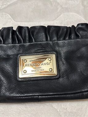 Renato Angi Black Leather Ruffle-Top Clutch with Gold Plaque